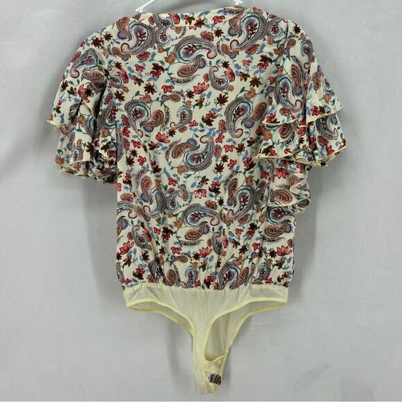 Free People Women’s small Cream Brown Paisley Plunge Bodysuit Flutter - Picture 5 of 14